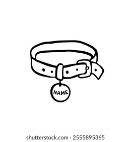 Cat collar. Hand drawn pet accessory. Sketch style Illustration of Pets, cats. For Pet shops, logo, postcards. Funny Crooked doodle vector icon.