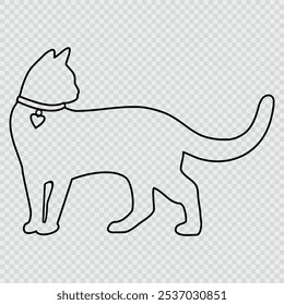 Gato com colarinho com coração, desenho contorno, linha preta, contorno, conceito para adesivo, ilustração vetorial