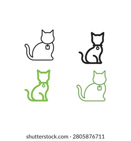 Cat with Collar Icon Set with Simple Outline and Solid Silhouette, Black and Green Variations for Pet Care Design