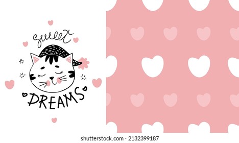 Colección de gatos. Tarjeta con un lindo gato dormido y un patrón impecable con los corazones sobre fondo rosado. Ilustración vectorial para diseño, decoración e impresión