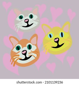cat collection, kitten collection, various kitty with different colour, cute pet in heart background, smiling animal in many color