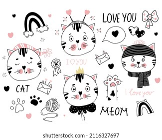 Cat Collection. Portraits of cat characters - in winter hat and scarf, with crown and hearts, sleepy in nightcap. Background with letters, rainbow and paw. Vector illustration. linear hand drawn 