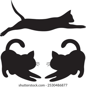 Cat collection. Silhouette of vector black cat, feline, pet animal, kitten, or kitty in various poses isolated on white background