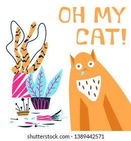 Cat color flat hand drawn vector character. Oh my cat handwritten lettering. Isolated cartoon illustration. Cute, naughty cat damage houseplant clipart. Sketch flowerpots with plants.
