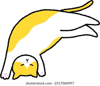 The cat colored with patches of yellow and white in a sleepy and relaxed pose is stretching with its back legs extended upward and its front legs bent forward, creating an almost inverted 'U' shape.