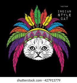 Cat in the colorful Indian roach. Feather headdress of eagle. Hand draw vector illustration