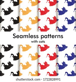 Cat Colorful Seamless Vector Pattern. Set.