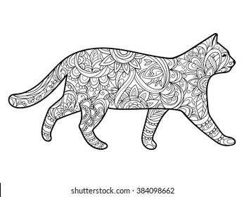 Cat coloring book for adults vector illustration. Anti-stress coloring for adult. Zentangle style. Black and white lines. Lace pattern