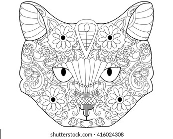Cat coloring book for adults vector illustration. Kitten anti-stress coloring for adult. Feline zentangle style. Black and white lines. Lace pattern