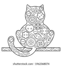 Cat. Coloring book. Decorative cat. Hand-drawn vector illustrations decorated with decorative buttons for sewing. Animal silhouette isolated on white background, doodle style.