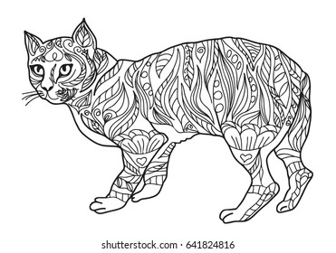  Cat coloring book. Hand drawn. Black and white. 