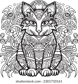 A cat coloring book page and line art for kids. 