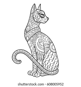 Cat coloring book vector illustration. Black and white lines. Lace pattern