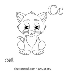Cat coloring with english letters "Cc" and english word "cat", vector.