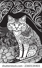 Cat coloring page for adult Black and white, cat, outline, one line, coloring book page