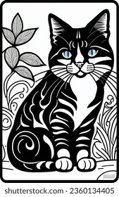 Cat coloring page for adult Black and white, cat, outline, one line, coloring book page