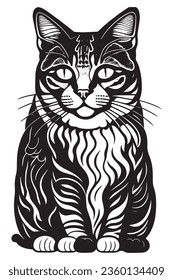 Cat coloring page for adult Black and white, cat, outline, one line, coloring book page