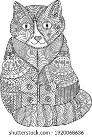 Cat coloring page. Coloring page for adult. Vector illustration. 
