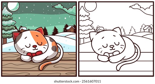 Cat coloring page animal vector illustration with winter background