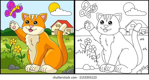 Cat Coloring Page Colored Illustration