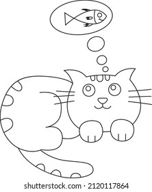 cat coloring page for kids.cat dream to eat fish.Black and white illustration for coloring book.Coloring Page Outline of cartoon cat. Pets. Coloring book for kids.