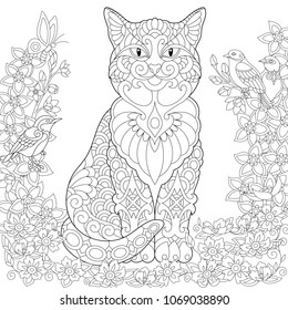 Cat Coloring Page. Spring Garden. Adult Coloring Book idea. Antistress freehand sketch drawing with doodle and zentangle elements.