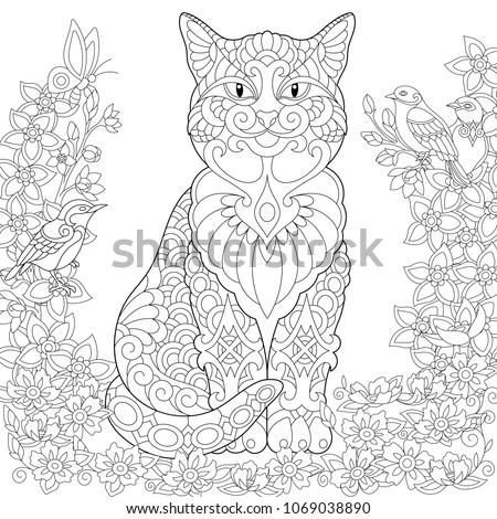 Cat Coloring Page Spring Garden Adult Book Idea Antistress Freehand Sketch Drawing