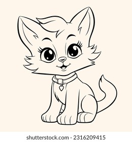 Cat coloring page for children.Сartoon style hand drawing vector illustration in black outline on a white