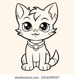 Cat coloring page for children.Сartoon style hand drawing vector illustration in black outline on a white