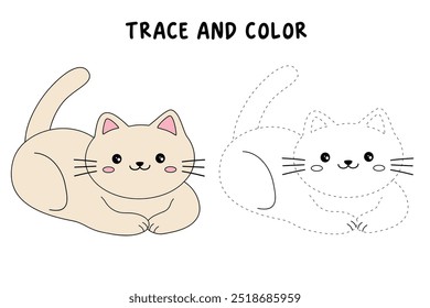 Cat coloring pages for kids. Trace and color cute cat. Coloring page animal outline of cute cat tracing worksheet vector. Kindergarten and preschool activity. Kids worksheet printable.