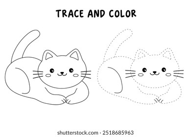 Cat coloring pages for kids. Trace and color cute cat. Coloring page animal outline of cute cat tracing worksheet vector. Kindergarten and preschool activity. Kids worksheet printable.