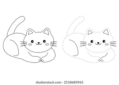 Cat coloring pages for kids. Trace and color cute cat. Coloring page animal outline of cute cat tracing worksheet vector. Kindergarten and preschool activity. Kids worksheet printable.