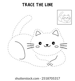 Cat coloring pages for kids. Trace and color cute cat. Coloring page animal outline of cute cat tracing worksheet vector. Kindergarten and preschool activity. Kids worksheet printable.