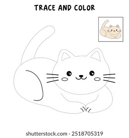 Cat coloring pages for kids. Trace and color cute cat. Coloring page animal outline of cute cat tracing worksheet vector. Kindergarten and preschool activity. Kids worksheet printable.