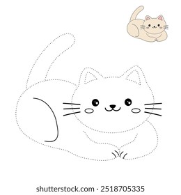 Cat coloring pages for kids. Trace and color cute cat. Coloring page animal outline of cute cat tracing worksheet vector. Kindergarten and preschool activity. Kids worksheet printable.