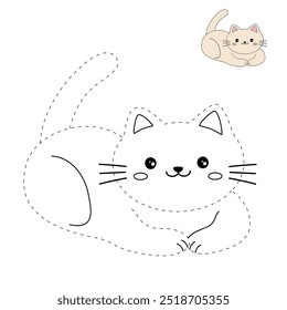 Cat coloring pages for kids. Trace and color cute cat. Coloring page animal outline of cute cat tracing worksheet vector. Kindergarten and preschool activity. Kids worksheet printable.