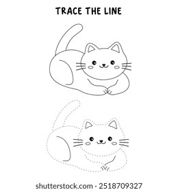 Cat coloring pages for kids. Trace and color cute cat. Coloring page animal outline of cute cat tracing worksheet vector. Kindergarten and preschool activity. Kids worksheet printable.