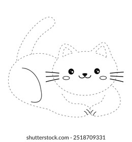Cat coloring pages for kids. Trace and color cute cat. Coloring page animal outline of cute cat tracing worksheet vector. Kindergarten and preschool activity. Kids worksheet printable.