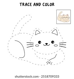 Cat coloring pages for kids. Trace and color cute cat. Coloring page animal outline of cute cat tracing worksheet vector. Kindergarten and preschool activity. Kids worksheet printable.