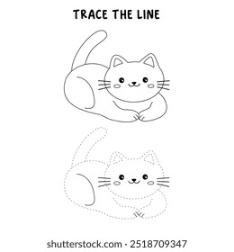 Cat coloring pages for kids. Trace and color cute cat. Coloring page animal outline of cute cat tracing worksheet vector. Kindergarten and preschool activity. Kids worksheet printable.