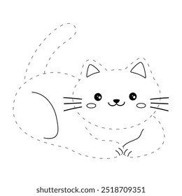 Cat coloring pages for kids. Trace and color cute cat. Coloring page animal outline of cute cat tracing worksheet vector. Kindergarten and preschool activity. Kids worksheet printable.
