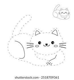 Cat coloring pages for kids. Trace and color cute cat. Coloring page animal outline of cute cat tracing worksheet vector. Kindergarten and preschool activity. Kids worksheet printable.