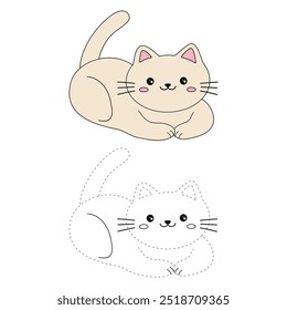 Cat coloring pages for kids. Trace and color cute cat. Coloring page animal outline of cute cat tracing worksheet vector. Kindergarten and preschool activity. Kids worksheet printable.