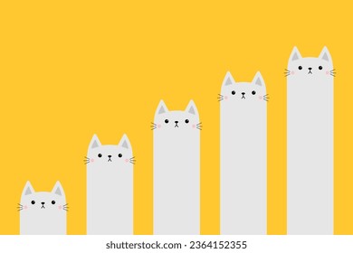 Cat column diagram. Funny 5 steps infographics template. Growing charts. Bar chart graph. White kitten. Cute cartoon kawaii character. Business icons presentation. Flat design Yellow background Vector