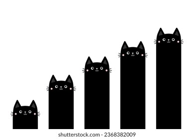 Cat column diagram. Funny 5 steps infographics template. Growing charts. Bar chart graph. Black kitten. Cute cartoon kawaii character. Business icons presentation. Flat design White background Vector