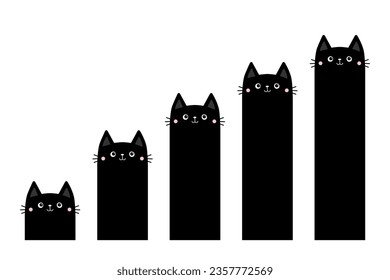 Cat column diagram. Growing charts. Bar chart graph. Funny 5 steps infographics template.Black kitten. Cute cartoon kawaii character. Business icons presentation. Flat design. White background Vector