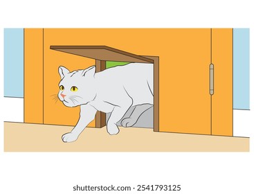 A cat come in the house through the pet door. Illustration in colors and vector format.  