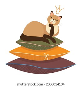 cat is comfortably settled on the pillows and is washing. happy cat at home. lifestyle of a pet. flat drawing in cartoon style. stock vector illustration. EPS 10