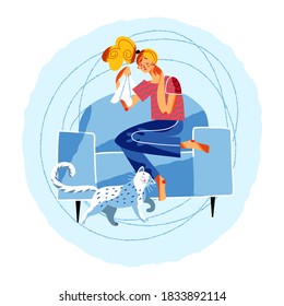 Cat Comforts Sad Crying Woman. Empathy, Compassion And Love Vector Illustration. Girl Feeling Depressed, Grief Or Sorrow, Crying. Consoling And Love, Pet Giving Comfort At Home.