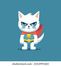 A cat in comic superhero outfit with a blue background, in the style of simplistic characters, white, strong facial expression